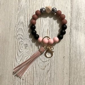 Silicone Beaded Wristlet Keychain Zebra Pink Black Mauve w/ Lobster Clasp